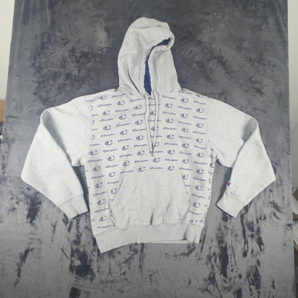 Champion Hoodie Mens Medium Gray All Over Logo Print Pullover Sweatshirt